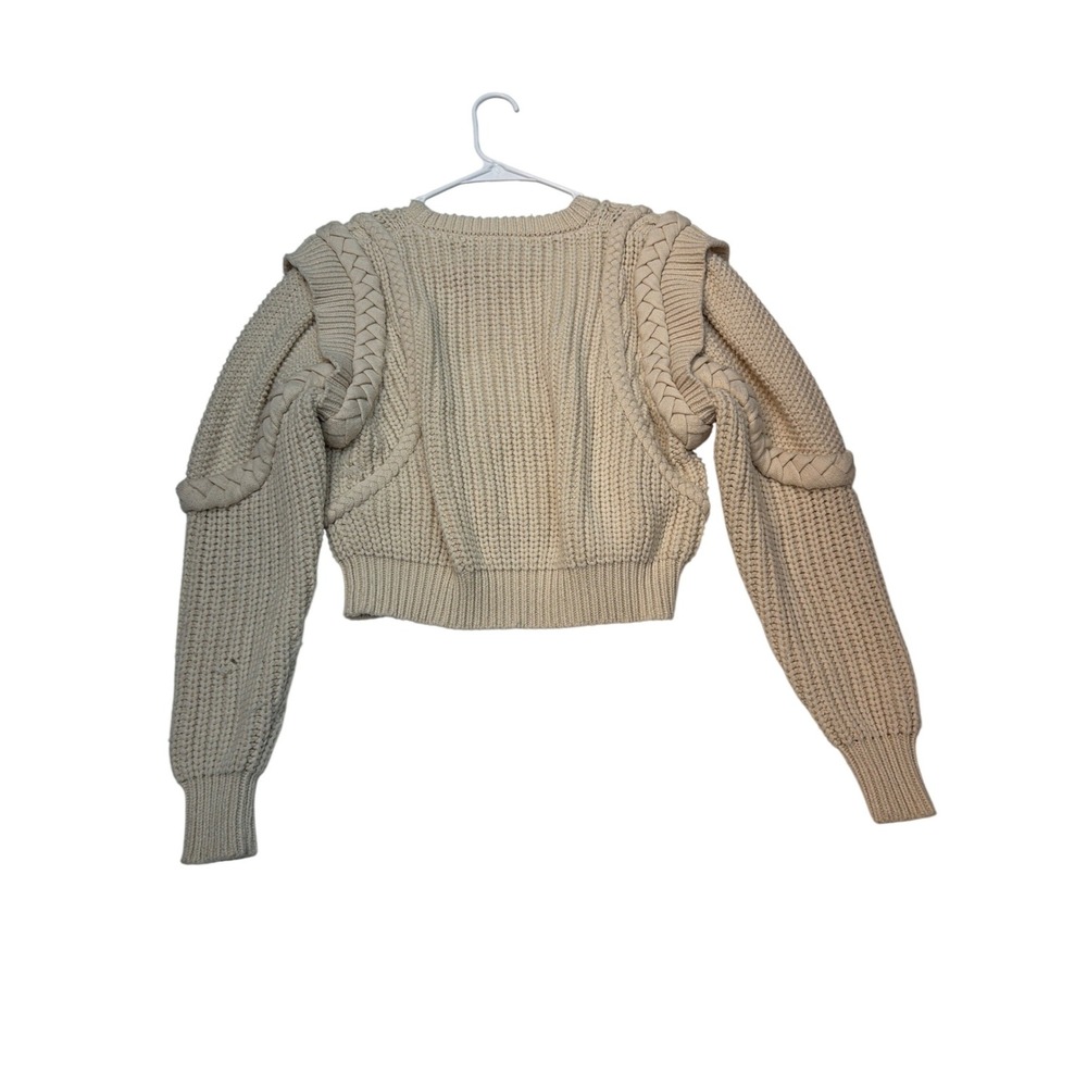 Ronny Kobo Collective Cream Cable Knit Cropped Sweater Ruffle Shoulder Small - Picture 6 of 7